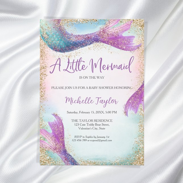 Glitzer Aquamarin Little Mermaid Summer Girl Baby Einladung (little mermaid teal glitter)