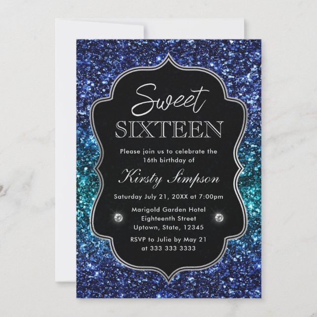 Glitzer "aquamarin und Blauer Ozean" Sweet 16 Einladung (Vorderseite)