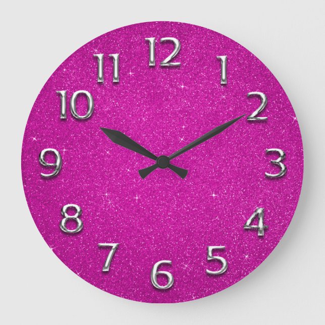 Glitzer Arabische Zahlen Grau Fuchsia Pink Spark Große Wanduhr (Vorderseite)