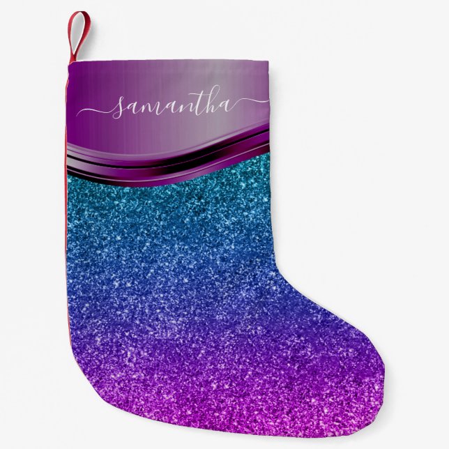 Glitzer aussehen Lila Personalisierter Name Kleiner Weihnachtsstrumpf (Vorderseite)