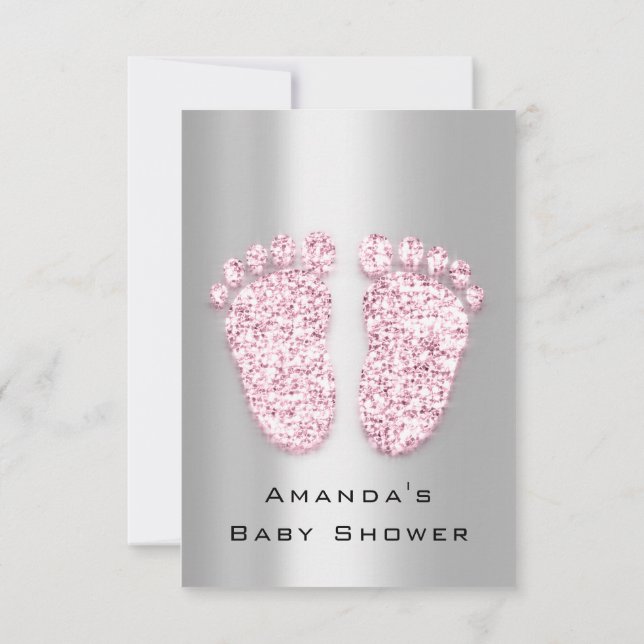 Glitzer Baby Dusche Feet Pink Gray Silver Einladung (Rückseite)