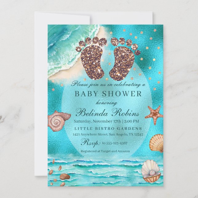 Glitzer Baby Feet Beach Baby Dusche Einladung (Vorderseite)