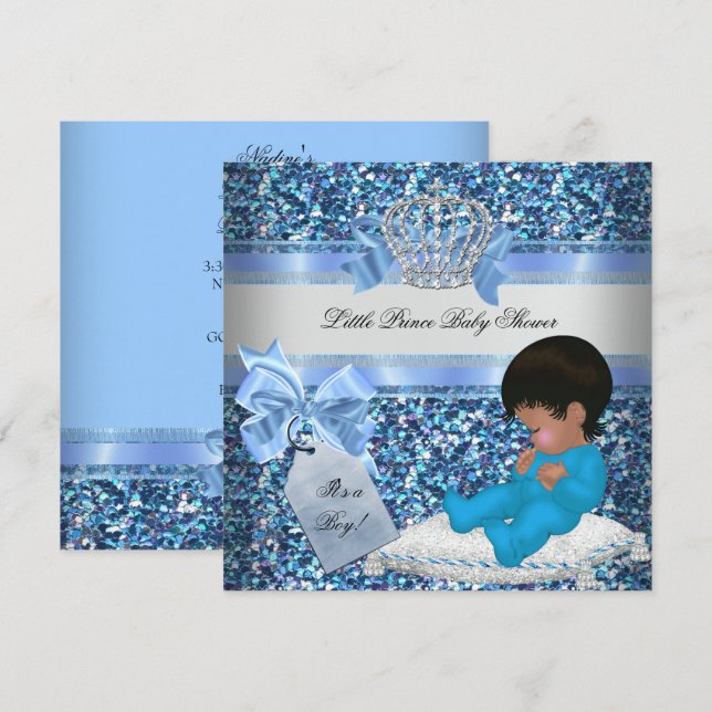 Glitzer Baby Shower Boy Blue Little Prince Crown 2 Einladung (Vorne/Hinten)