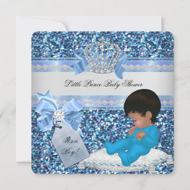 Glitzer Baby Shower Boy Blue Little Prince Crown 3 Einladung (Vorderseite)