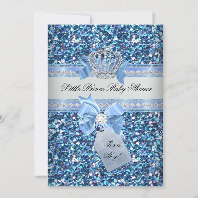 Glitzer Baby Shower Boy Blue Little Prince Crown 5 Einladung (Vorderseite)