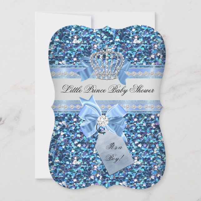 Glitzer Baby Shower Boy Blue Little Prince Crown 5 Einladung (Vorderseite)