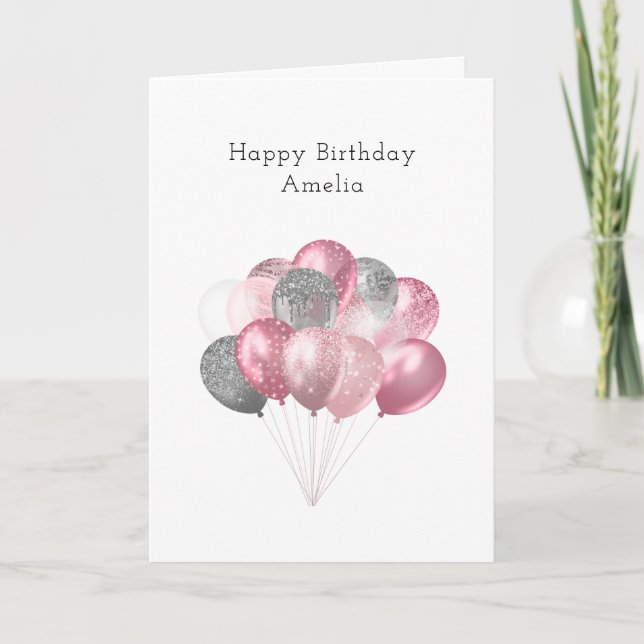 Glitzer Ballon Bunch Pink und Silver Geburtstag Karte (Vorderseite)