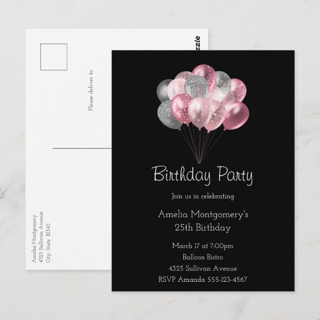 Glitzer Ballon Bunch Pink und Silver Geburtstag Postkarte (Vorne/Hinten)