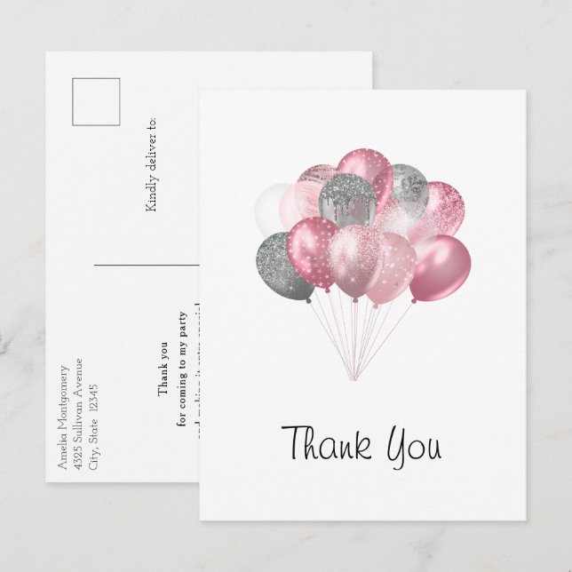 Glitzer Balloon Bunch Pink und Silver Vielen Dank Postkarte (Vorne/Hinten)