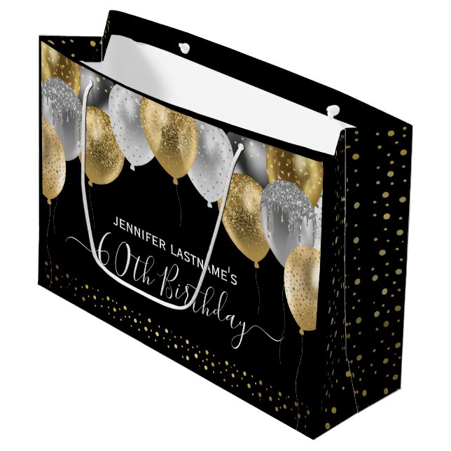 Glitzer Balloons 60. Geburtstagsparty Große Geschenktüte (Vorderseite Schrägansicht)