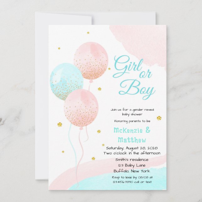 Glitzer Balloons Baby Gender Reveal Einladung (Vorderseite)
