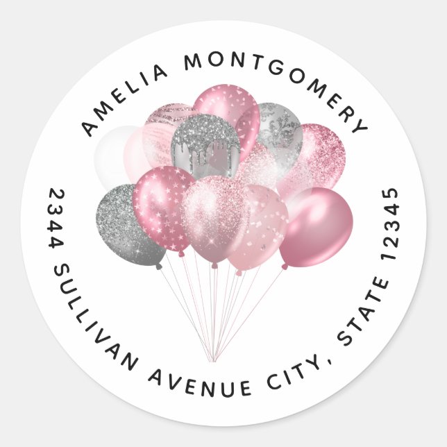 Glitzer Balloons Rosa und Silber - Anschrift Runder Aufkleber (Vorderseite)