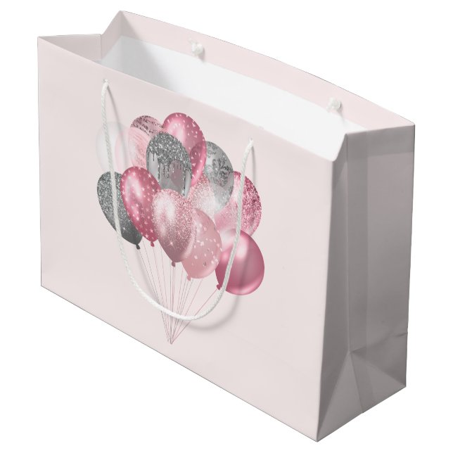 Glitzer Balloons Rosa und Silber Große Geschenktüte (Rückseite Schrägansicht)