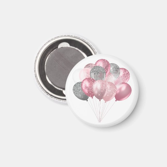 Glitzer Balloons Rosa und Silber Magnet (Vorderseite/Rückseite)