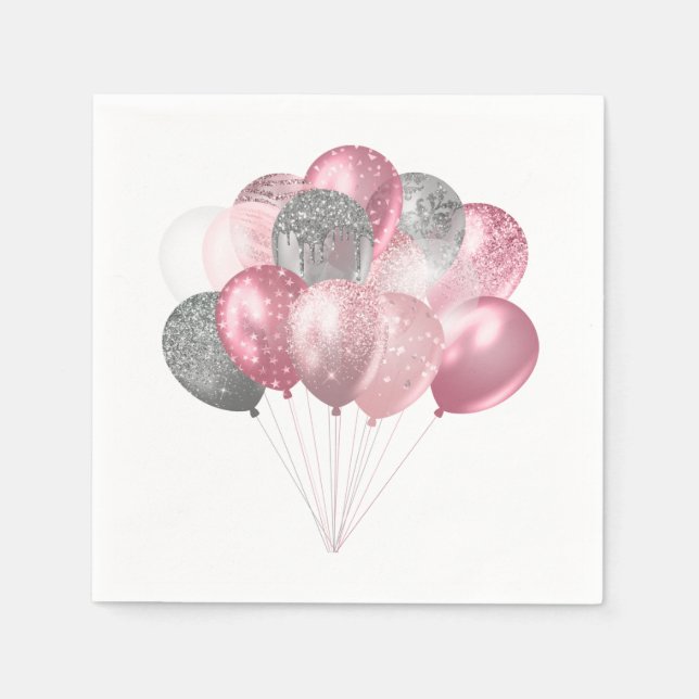 Glitzer Balloons Rosa und Silber Serviette (Vorderseite)