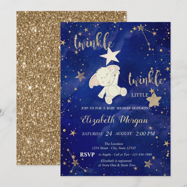 Glitzer Bear Twinkle Little Star Gold Baby Dusche Einladung (Vorne/Hinten)