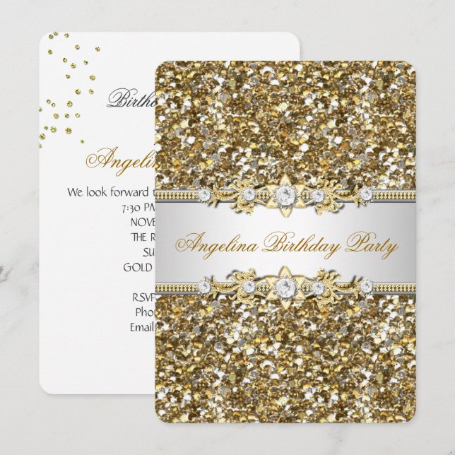 Glitzer Birthday Party Gold Jewel Diamond Einladung (Vorne/Hinten)