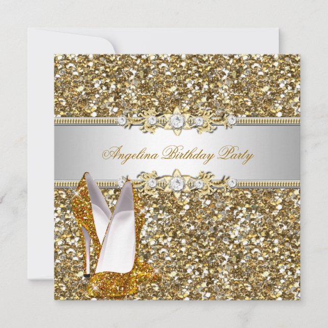 Glitzer Birthday Party Gold Jewel Diamond Schuhe Einladung (Vorderseite)