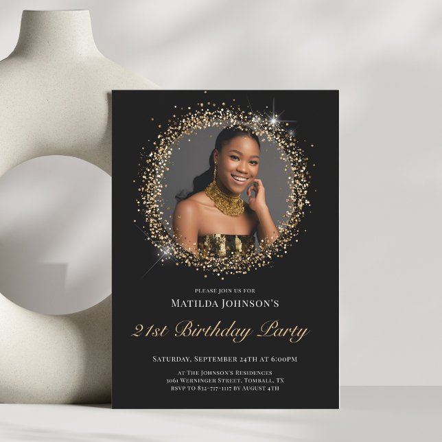 Glitzer Black Gold 21. Geburtstag Party Einladung (Glitter Black Gold 21st Birthday Party Invitation)