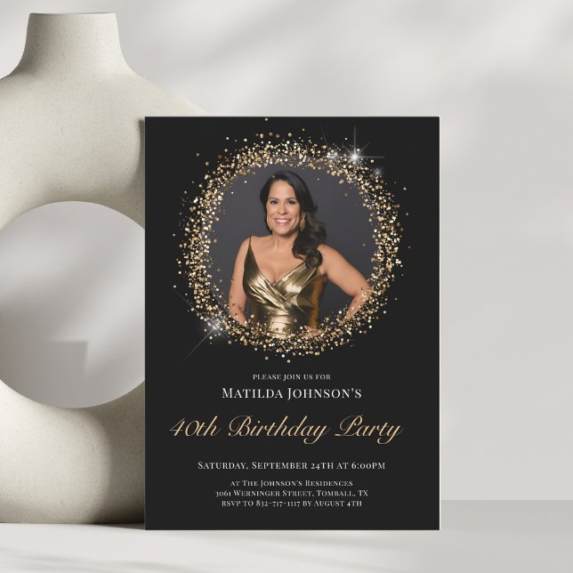 Glitzer Black Gold 40. Geburtstag Party Einladung (Glitter Black Gold 40th Birthday Party Invitation)