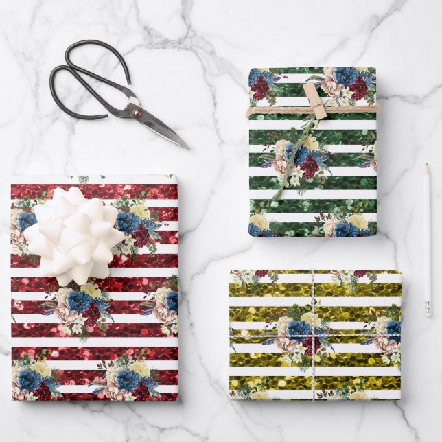 Glitzer Blick Winterurlaub Blumenmuster Geschenkpapier Set (Vorderseite)