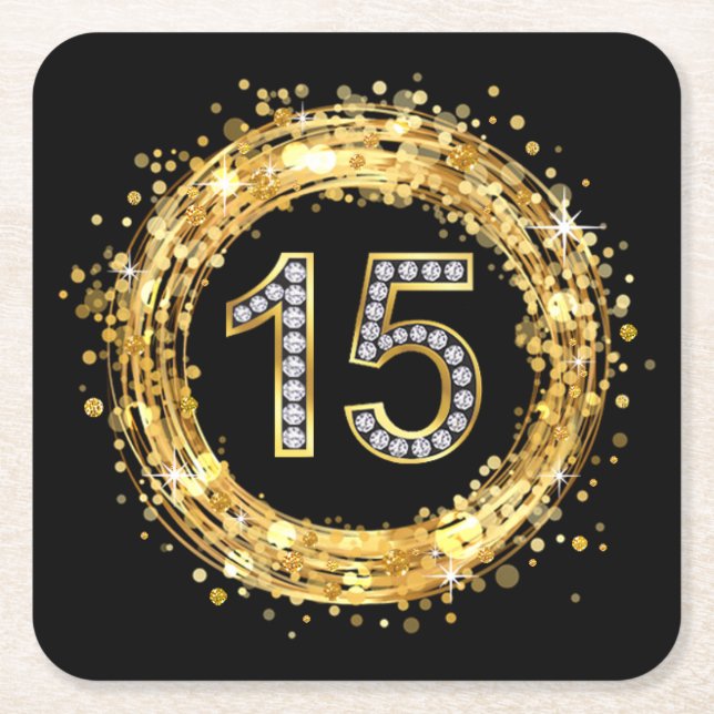 Glitzer Bling Confetti | der Diamant-Zahl-15 Gold Rechteckiger Pappuntersetzer (Vorderseite)