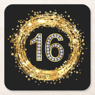 Glitzer Bling Confetti der Diamant-Zahl-16 Gold Rechteckiger Pappuntersetzer