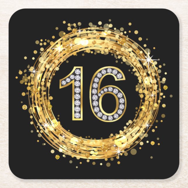 Glitzer Bling Confetti | der Diamant-Zahl-16 Gold Rechteckiger Pappuntersetzer (Vorderseite)