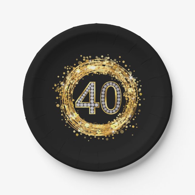 Glitzer Bling Confetti | der Diamant-Zahl-40 Gold Pappteller (Vorderseite)
