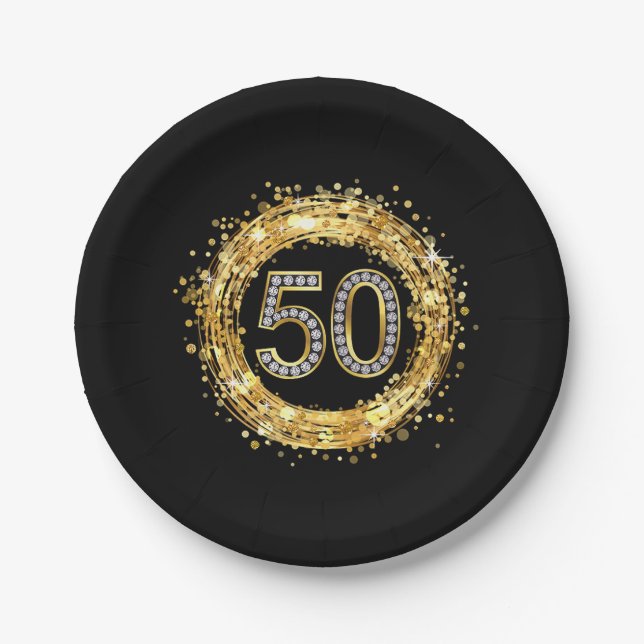 Glitzer Bling Confetti | der Diamant-Zahl-50 Gold Pappteller (Vorderseite)