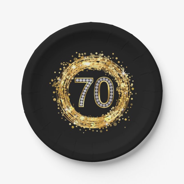 Glitzer Bling Confetti | der Diamant-Zahl-70 Gold Pappteller (Vorderseite)