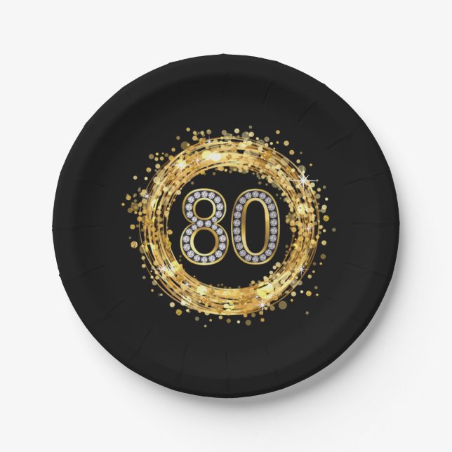 Glitzer Bling Confetti | der Diamant-Zahl-80 Gold Pappteller (Vorderseite)
