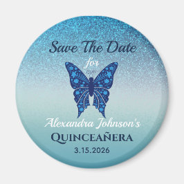 Glitzer Blue Butterfly Quinceanera Save the Date Magnet