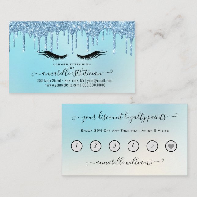 Glitzer Blue Eyelash Extension Loyalty Business Visitenkarte (Vorne/Hinten)