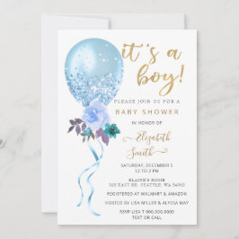 Glitzer Blue Floral Balloon Babydusche Einladung