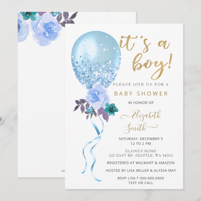 Glitzer Blue Floral Balloon Babydusche Einladung (Vorne/Hinten)