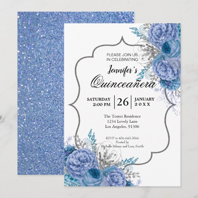 Glitzer Blue Floral Quinceanera Einladung (Vorne/Hinten)