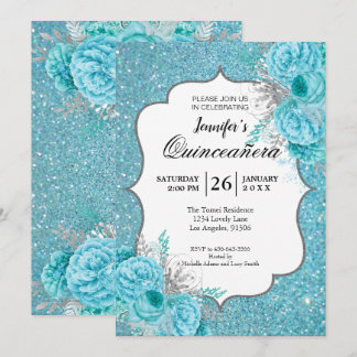 Glitzer Blue Floral Quinceanera Einladung