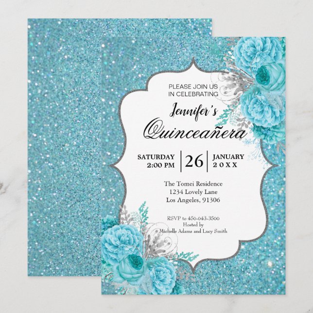 Glitzer Blue Floral Quinceanera Einladung (Vorne/Hinten)