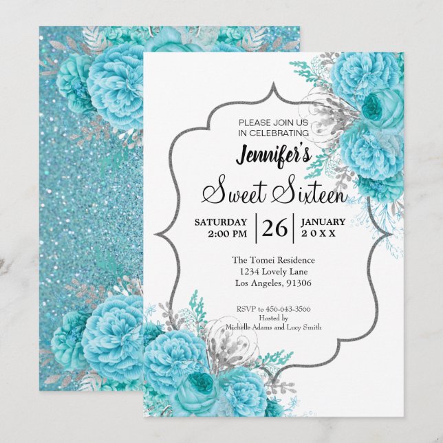 Glitzer Blue Floral Sweet 16 Geburtstag Einladung (Vorne/Hinten)
