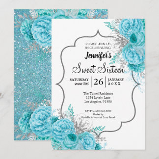 Glitzer Blue Floral Sweet 16 Geburtstag Einladung
