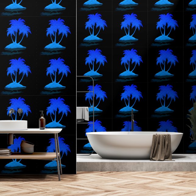Glitzer Blue Palm Exotic Island Custom Color Black Tapete (Badezimmer)