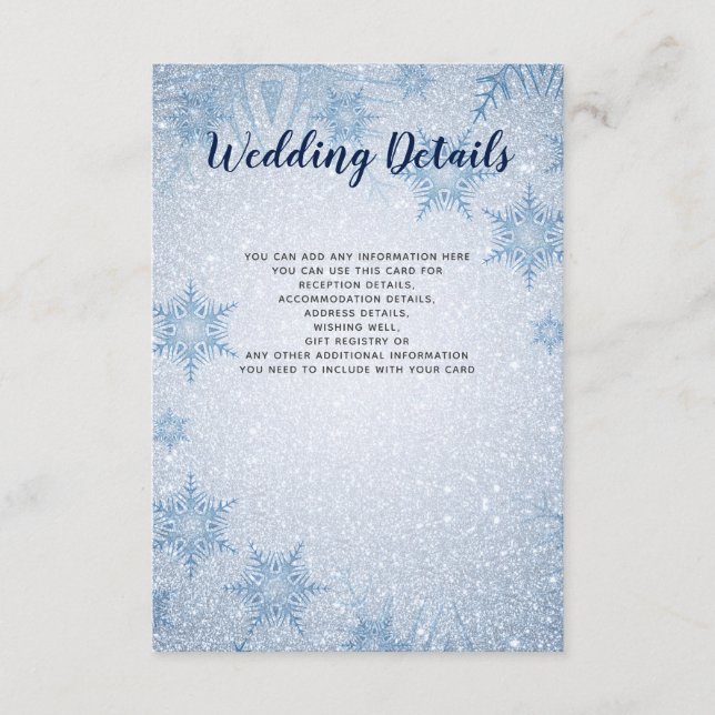 Glitzer Blue Snowflake Winter Hochzeit Details Kar Begleitkarte (Vorderseite)