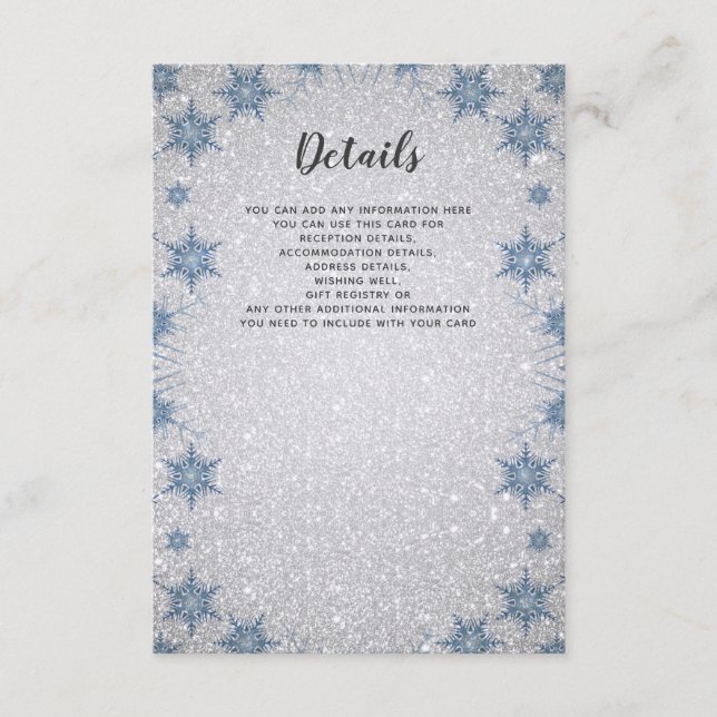 Glitzer Blue Snowflake Winter Hochzeit Details Kar Begleitkarte (Vorderseite)