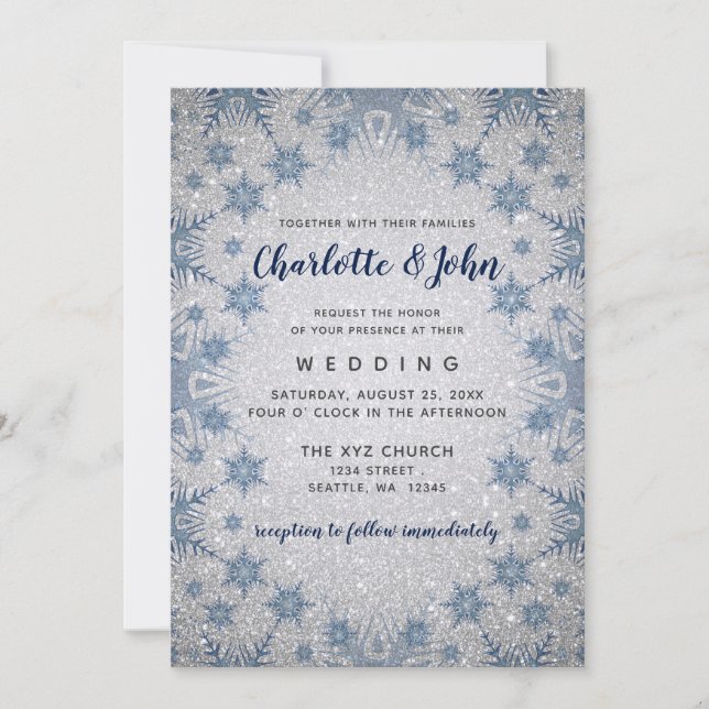 Glitzer Blue Snowflakes Winterhochzeit Einladung (Vorderseite)