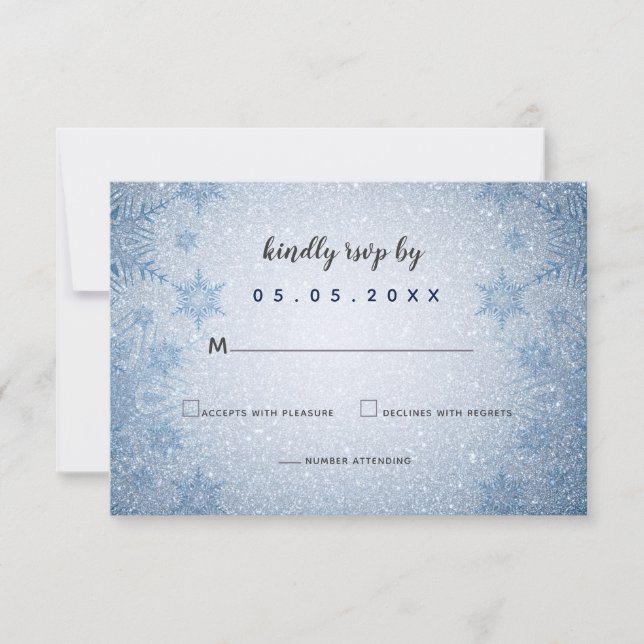 Glitzer Blue Snowflakes Winterhochzeit RSVP Karte (Vorderseite)