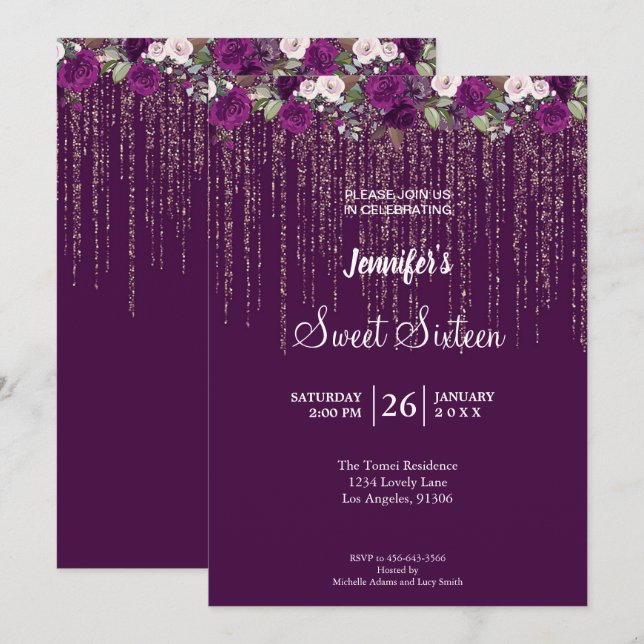 Glitzer Blumensüß 16 Geburtstag Einladung (Vorne/Hinten)