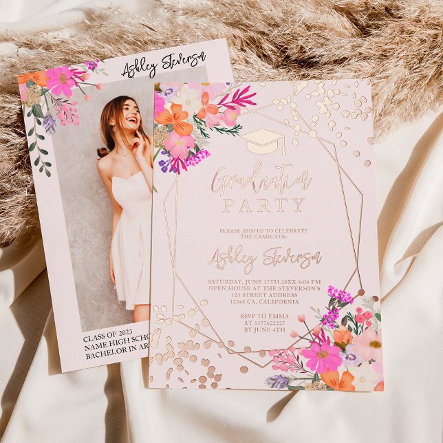 Glitzer Blumenwasser-Farbe Foto Abschluss Folieneinladung (Rose Gold foil floral watercolor photo graduation)