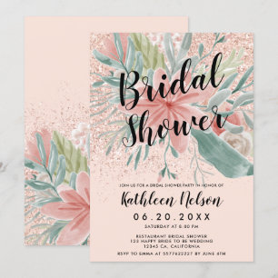 Glitzer Blumenwatercolor erröten rosa Brautparty Einladung