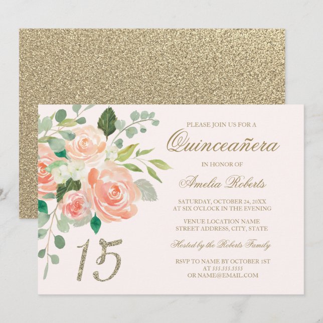 Glitzer Blush Peach Floral Quinceanera Einladung (Vorne/Hinten)